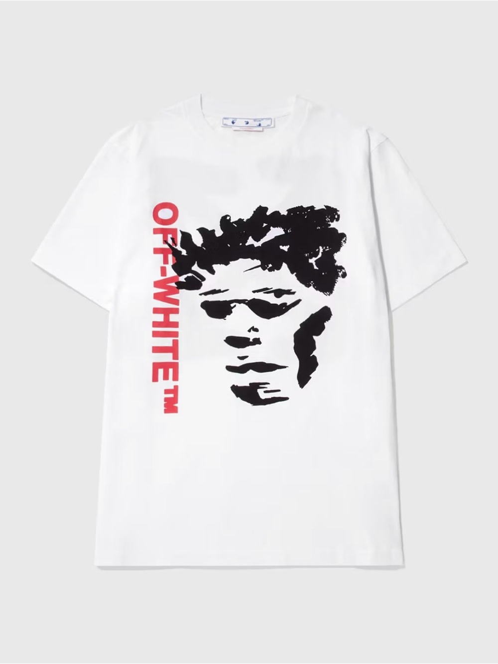 Off-White White T-Shirt with Face Graphic and Red Vertical Logo
